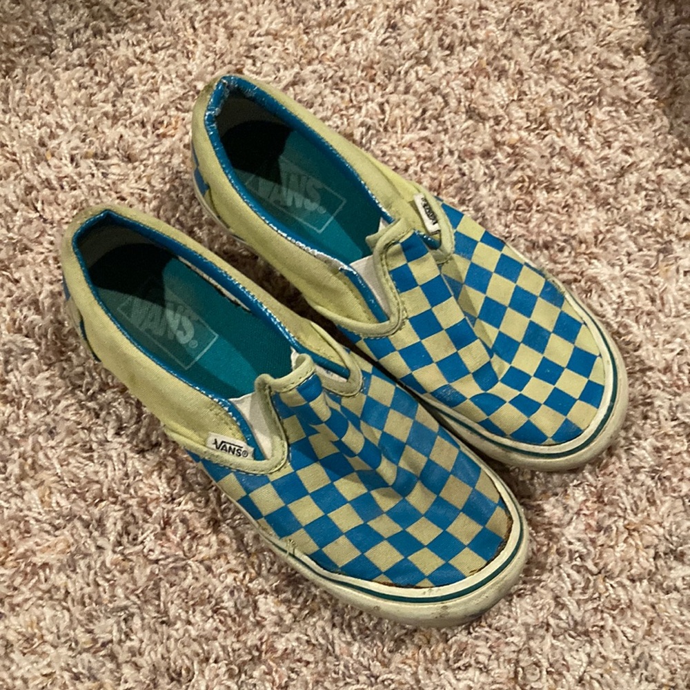 Vintage vans women’s slip on teal and green checkered shoes